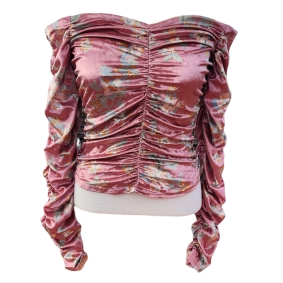 Free People Velour Velvet Long Sleeve Crop Off The Shoulder Rushing Fall Top - Picture 2 of 15